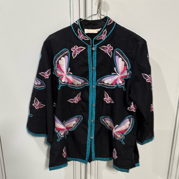 Vintage International Apparel Mart button up black blouse embroidered butterfly - Picture 1 of 7